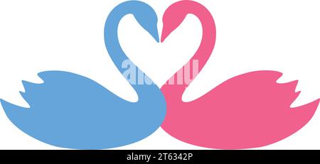 classic elegant twin swan couple silhouette shapes forming valentines love heart blue and pink vector isolated on transparent background Stock Vector