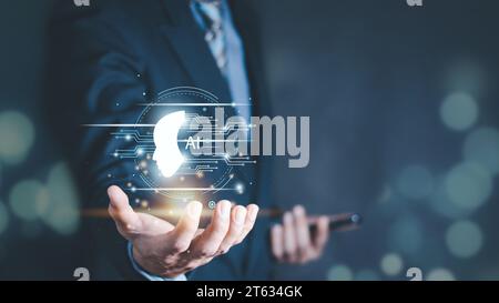 Man using technology smart robot AI,Ai technology, Artificial Intelligence. Artificial intelligence by enter command prompt for generates something, F Stock Photo