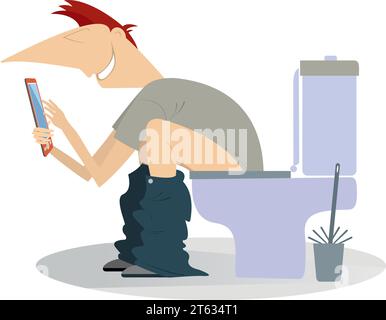 Man using a smartphone in the toilet.  Using toilet. A young man using smartphone in the toilet Stock Vector