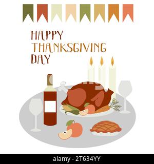 Happy Thanksgiving Day Card. Happy Thanks giving celebration background. November 23. Cartoon Vector Flat Illustration for Poster, Banner, Greeting Ca Stock Vector