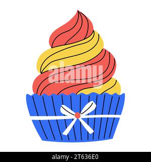 Hand drawn cupcake with cream and bow. Sweet food, dessert. Bright decorative element. Color flat vector illustration isolated on a white background Stock Vector