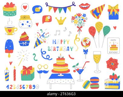 Set of festive design elements. Cake, poppers, balloons, gifts. Birthday, holiday symbols. Bright vector illustrations isolated on white background Stock Vector