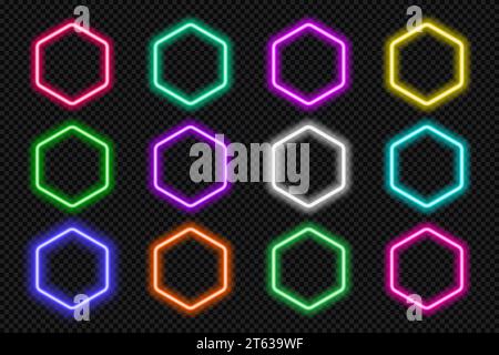 Neon hexagon frame set. Glowing coloful hexagonal borders. Geometric shape action button UI elements with copy space. Purple, blue, pink, yellow Stock Vector