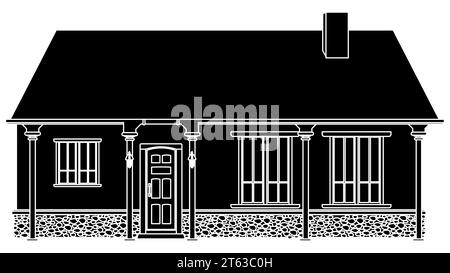 Black silhouette of one-story house with porch and canopy isolated on white background. Vector clipart. Stock Photo