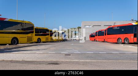 Felanitx, Spain; november 05 2023: Buses of the public company TIB, parked in an industrial park in Felanitx, island of Mallorca, Spain Stock Photo