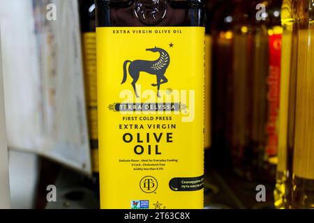 Tyumen, Russia-November 04, 2023: Terra Delyssa extra virgin olive oil, on display at a local grocery store. Stock Photo