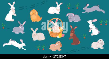 A large set of cartoon rabbits. Sitting and running bunnies. Vector illustration with symbols of the Christian holiday. Easter basket with eggs and fl Stock Vector