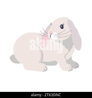 White fluffy rabbit with drooping ears. Cute Bunny for an Easter card. Design for the mid-autumn holiday. Isolated on a white background. Stock Vector