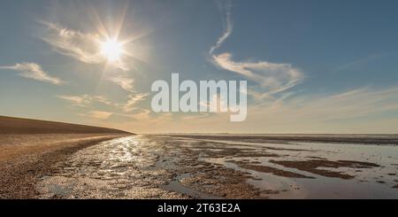 Panoramic view of the Dutch Wadden Sea with low tide in Friesland, The Netherlands Stock Photo