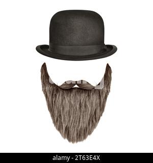 Vintage bowler hat with curly beard and moustache isolated on a white background Stock Photo