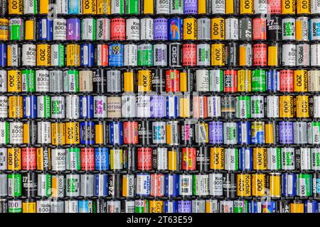 Dieren, The Netherlands - October 27, 2023: Large collection of vintage Kodak, Fujifilm and other brand photography 35 mm film roll cartridges Stock Photo