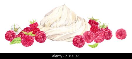 Composition of ripe raspberries and whipped cream. Watercolor illustration on a white background. Ripe berries lie, beautiful white tops of ice cream. Stock Photo