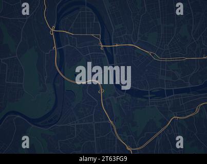 Illustrative map of a fictional city in dark tones. Abstract city map background. Stock Photo
