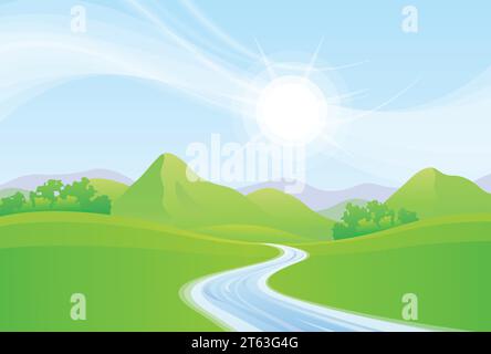 beautiful green meadows and mountains landscape with flowing river stream clear blue sky vector background Stock Vector