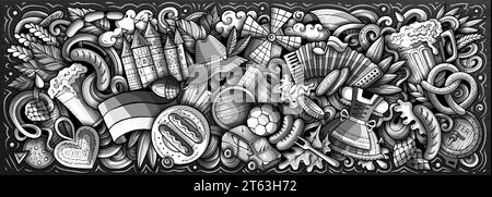 Vector illustration with Germany theme doodles.Monochrome banner design, capturing the essence of German culture and traditions through playful cartoo Stock Vector