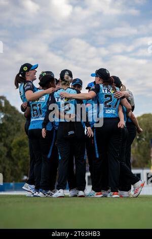 Adelaide, Australia. 08th Nov, 2023. Adelaide, Australia, November 8th 2023: Adelaide Strikers players huddle up before the Weber Women's Big Bash League 09 game between Adelaide Strikers and Melbourne Renegades at the Karen Rolton Oval in Adelaide, Australia (Noe Llamas/SPP) Credit: SPP Sport Press Photo. /Alamy Live News Stock Photo