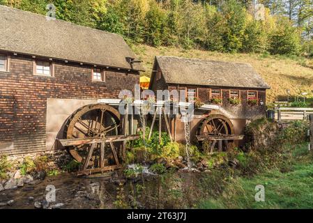 Hexenlochmühle, Hexenloch Mill, traditional water mill with two water wheels in the Black Forest near Furtwangen, Baden-Württemberg, Germany Stock Photo