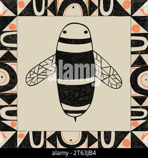 Illustration of honeybee with abstracts designs and geometric shapes in black, red and white colors representing neo-primitive art Stock Photo