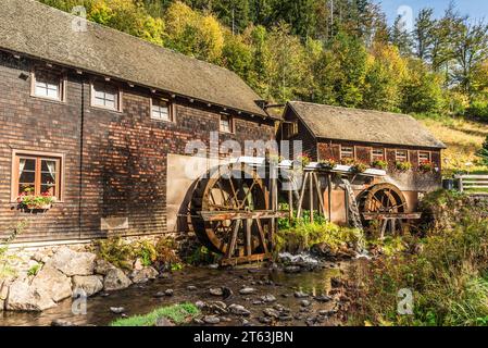 Hexenlochmühle, Hexenloch Mill, traditional water mill with two water wheels in the Black Forest near Furtwangen, Baden-Württemberg, Germany Stock Photo