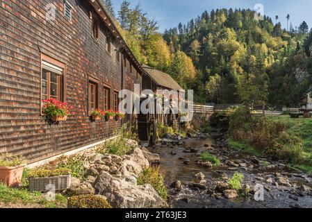 Hexenlochmühle, Hexenloch Mill, traditional water mill with two water wheels in the Black Forest near Furtwangen, Baden-Württemberg, Germany Stock Photo