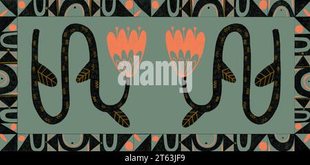 Illustration of orange flowers with black spiral stem and leaves with seamless designs in neo-primitive style on blue background Stock Photo