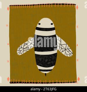 Illustration of honeybee in black and white colors representing neo-primitive art against brown and white background with different shapes Stock Photo