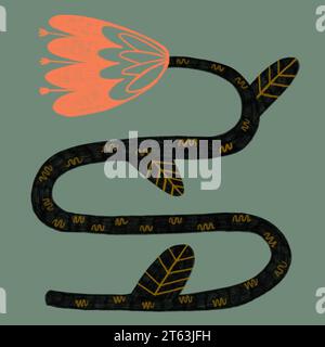 Illustration of orange flower with black spiral stem and leaves in neo-primitive style on blue background Stock Photo