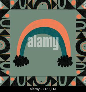 Illustration of neo-primitive style with blue and orange rainbows and abstract patterns over blue background Stock Photo