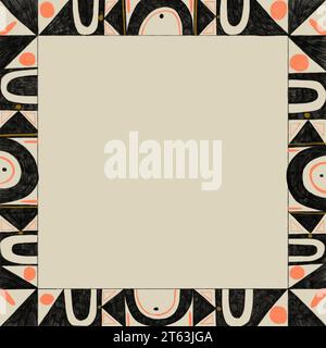 Illustration of colorful seamless and geometric patterned border with white copy space in neo-primitive style over abstract background Stock Photo