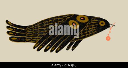 Illustration of black color bird with yellow spots flying on air against white background Stock Photo