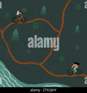Illustration of a man and a woman cycling on a winding path through a forest near a serene shoreline Stock Photo