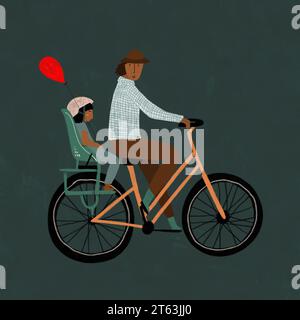 Illustration of a man riding a bicycle with a child seated at the back, holding a red balloon with a smiley face Stock Photo