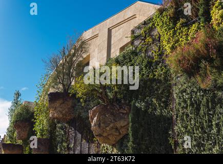 From below of beige building adorned with a lush vertical garden featuring various green plants, shrubs, and rocks, set against a clear blue sky Stock Photo