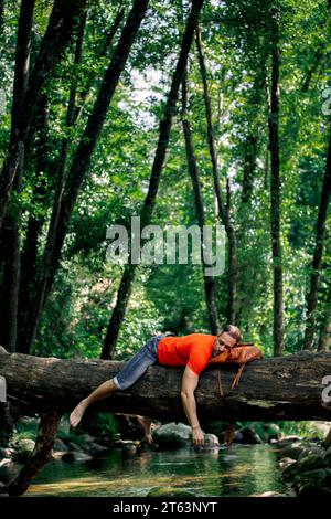 Hiker man stretches out on a tree trunk over a quiet creek in nature place. Stock Photo