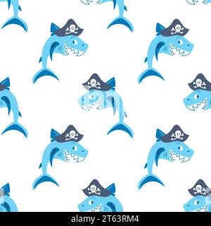 Cute shark pirate in a cocked hat, laughs. Anchor tattoo on fin. Children cartoon character. Adventures and travel. seamless pattern in flat style. Fo Stock Vector