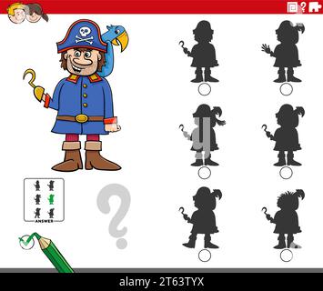 Cartoon illustration of finding the right picture to the shadow educational game with pirate character with parrot Stock Vector