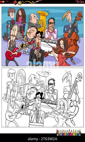 Cartoon illustration of musicians group or musical band with funny characters coloring page Stock Vector