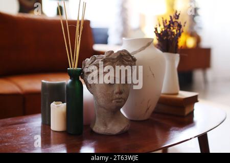 Art objects for exhibition of classical and contemporary painting retro sculpture and pottery. Stock Photo