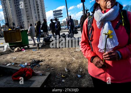 Michael Bunel/Le Pictorium - Exile in the land of human rights - 12/03/2018 - France/Ile-de-France (region)/Paris - A number of migrants and refugees gathered around the site where Karim Ibrahim, a young Sudanese migrant, was found dead during a tribute to him today. He died near the first reception and accommodation center for migrants set up in November 2016 by the City of Paris and managed by Emmaus. March 11, 2018. Paris. France. In October 2015, the municipality presented eighteen commitments in a document entitled 'Mobilizing the Paris community to welcome refugees'. The do Stock Photo