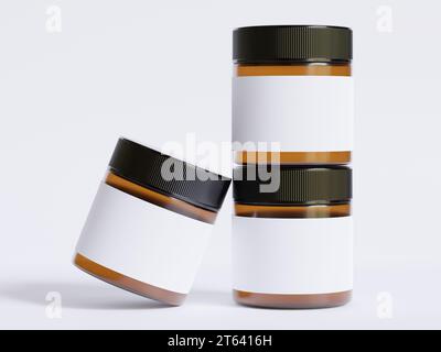 Amber Glass Cosmetic Jar with a realistic texture blank Label white color rendering 3D Stock Photo