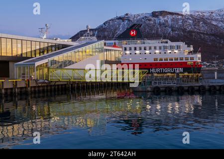Hurtigruten MS Richard With cruiseship cruise ship docked in terminal at Tromso, Finnmark, Norway, Scandinavia, Europe in October - Hybrid powered Stock Photo