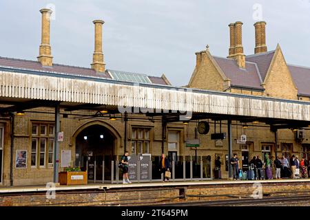 Passengers wait on platform 3 at Lincoln Railway Station. Formally Lincoln Central, it opened in1848, and retains many of the original features Stock Photo