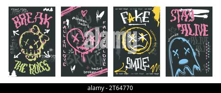 Set of graffiti poster with spray paint skull, heart sign, ghost and smiling face emoji. Street art covers of splashes, ink drip splatter, faces in hand drawing style on black background. Urban design Stock Vector