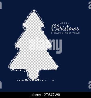 Minimalist dark Christmas flyer card temlate with white snowflakes on a christmas tree shape family photo frame and dark blue background with decorati Stock Vector