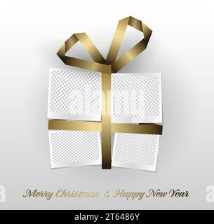Vector light christmas present Christmas card with family photo placeholder - customizable editable family christmas card layout template with gift bo Stock Vector