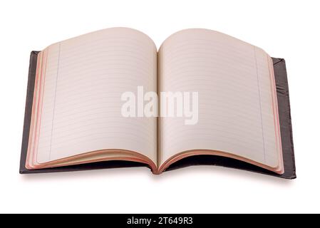 Open notebook empty pages top view. Lined notepad isolated on white  background. Note book spreadsheet pages. Opened dairy or textbook mockup.  Opened blank note book isolated on white. Photos