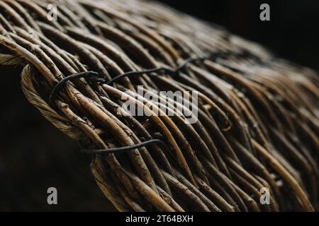 Texture of wicker basket on a dark background. Close-up. Selective focus. Stock Photo