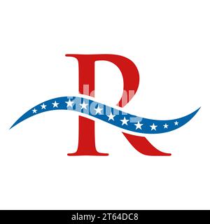 Letter R America Logo USA Flag. Patriotic American Business Logo Design On Letter R Template Stock Vector