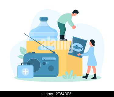 Emergency survival kit for natural disasters and accidents, evacuation preparedness vector illustration. Cartoon tiny people pack food cans and water bottles, first aid bag and radio into box Stock Vector
