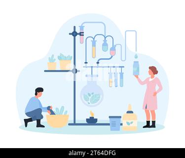 Naturopathy, alternative and complementary supplement therapy vector illustration. Cartoon tiny people use natural herbs and plants, pestle and mortar, laboratory equipment to make naturopathic remedy Stock Vector
